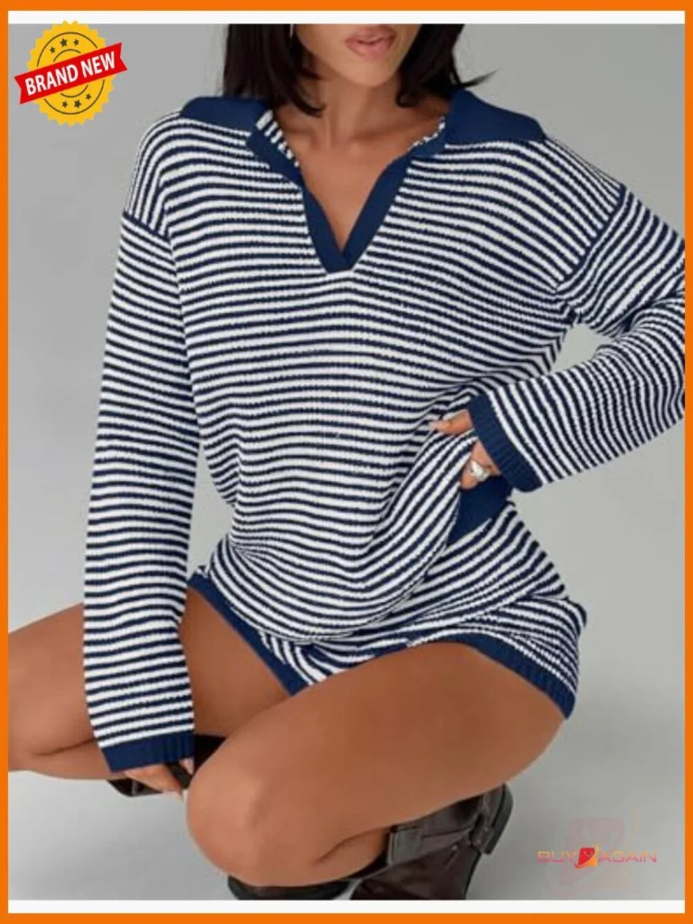 2 Piece Lounge Set Long Sleeve Striped Top & Shorts Matching Outfit Loungewear